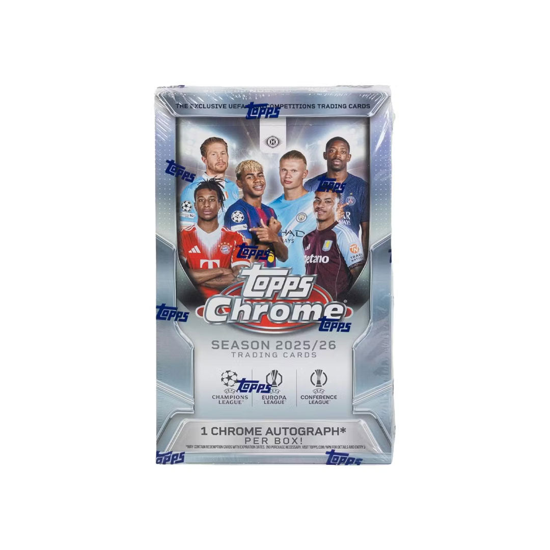 Pull premium trading cards from the 2025-26 Topps Chrome UEFA Club Competitions Soccer Hobby Box. Each box delivers high-end chromium technology with stunning player imagery and rare inserts featuring Europe's elite club competition stars. Perfect for collectors seeking authentic UEFA competition cards with modern design and collectible value. Limited production ensures scarcity and investment potential for serious soccer card enthusiasts.