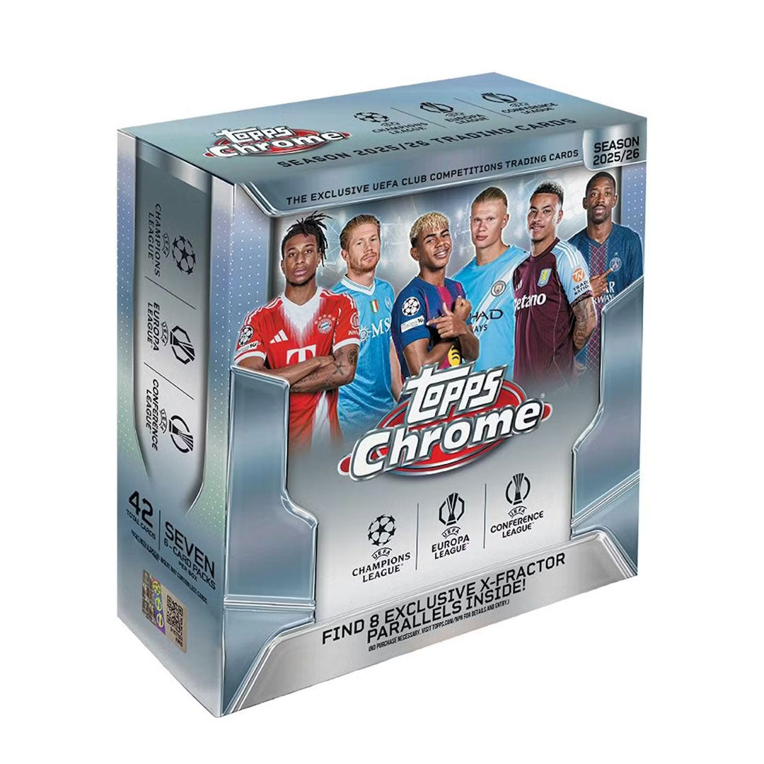Collect the biggest stars of European club soccer with the 2025-26 Topps Chrome UEFA Club Competitions Soccer Mega Box. This premium box delivers multiple packs of Chrome cards featuring the continent's elite players and teams competing in the Champions League, Europa League, and other top competitions. Each Mega Box includes enhanced Chrome technology with stunning visual effects and refractor parallels that showcase your favorite athletes in brilliant detail. Perfect for collectors seeking high-end pulls 