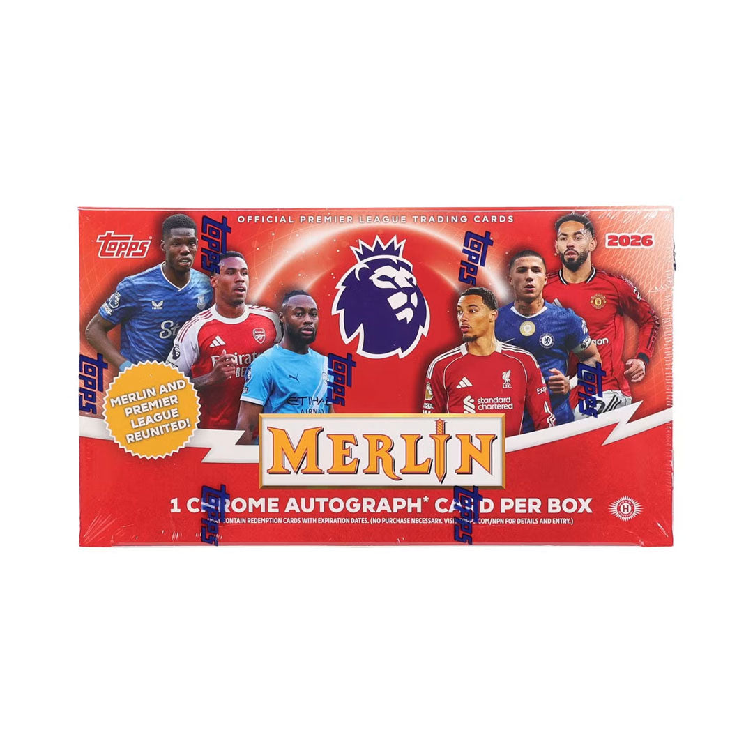Collect the stars of English football with the 2025-26 Topps Merlin Premier League Hobby Box. Each box delivers premium trading cards featuring the biggest names in the EPL, with stunning designs and rare inserts. Perfect for collectors and fans looking to build their Premier League collection with authentic, officially licensed cards from the season's elite players.