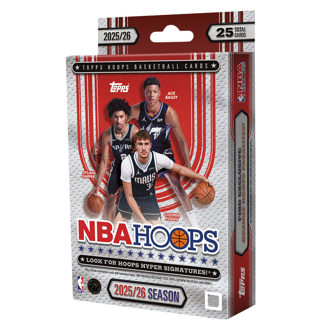 Collect the latest NBA stars with the 2025-26 Topps NBA Hoops Basketball Hanger Box. This convenient box format delivers premium trading cards featuring dynamic photography and vibrant designs of current league players. Perfect for collectors and fans looking to build their collection or find rare inserts. Each hanger box contains multiple packs with the chance to pull autographs, parallels, and special edition cards. Whether you're a seasoned collector or just starting out, NBA Hoops offers exciting pulls 