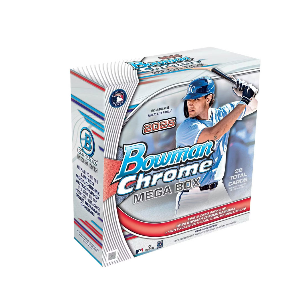 Step up your collection with the 2025 Bowman Chrome Baseball Mega Box, featuring a mix of top prospects and rookie stars. Each pack delivers premium chrome cards with vibrant designs and sharp details, making it a must-have for serious collectors. Discover potential future stars and add high-quality cards that shine in any display. Elevate your hobby and experience the thrill of opening some of the most sought-after baseball cards in the market today.