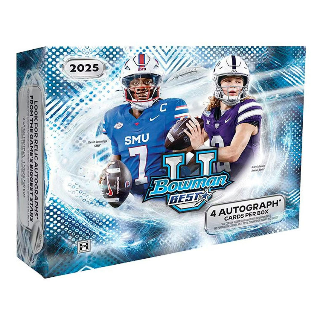 Elevate your football card collecting with the 2025 Bowman University Best Football Hobby Box. This premium box delivers exclusive rookie cards and autographed memorabilia from top college football prospects poised for NFL stardom. Each box contains carefully curated packs designed to maximize hits and rare pulls. Whether you're a seasoned collector or building your first portfolio, this hobby box offers exceptional value and the thrill of discovering the next generation of football legends. Secure your box