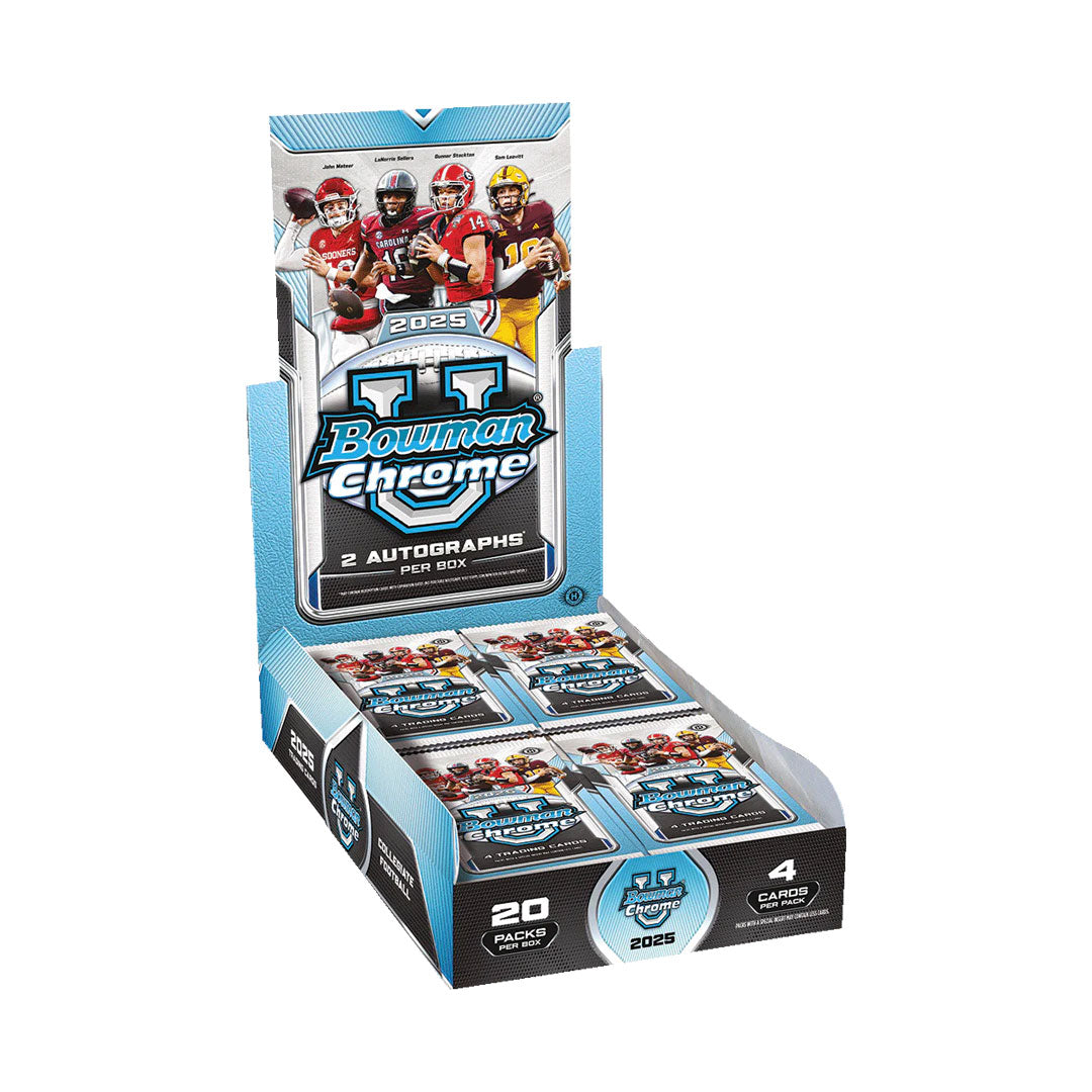 Unlock the future of college football collecting with the 2025 Bowman University Chrome Football Hobby Box. Each box delivers premium chrome cards featuring the nation's top collegiate athletes, with stunning refractor technology and limited parallels that elevate your collection. Experience the thrill of pulling rare autographs and memorabilia cards of tomorrow's NFL stars. Perfect for serious collectors and newcomers alike, this hobby box combines quality craftsmanship with the excitement of discovering b