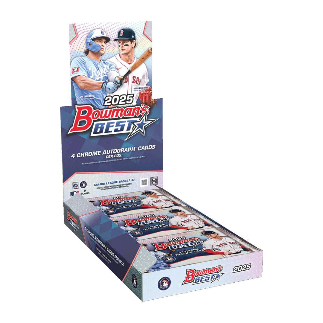 Collect the hottest rookie cards and autographs with the 2025 Bowman's Best Baseball Hobby Box. This premium product features top prospects and established stars with premium autographed and memorabilia cards. Each box delivers multiple hits including on-card signatures and rare parallels. Perfect for serious collectors seeking the best young talent in baseball. Build your collection with cards from the sport's most exciting players.