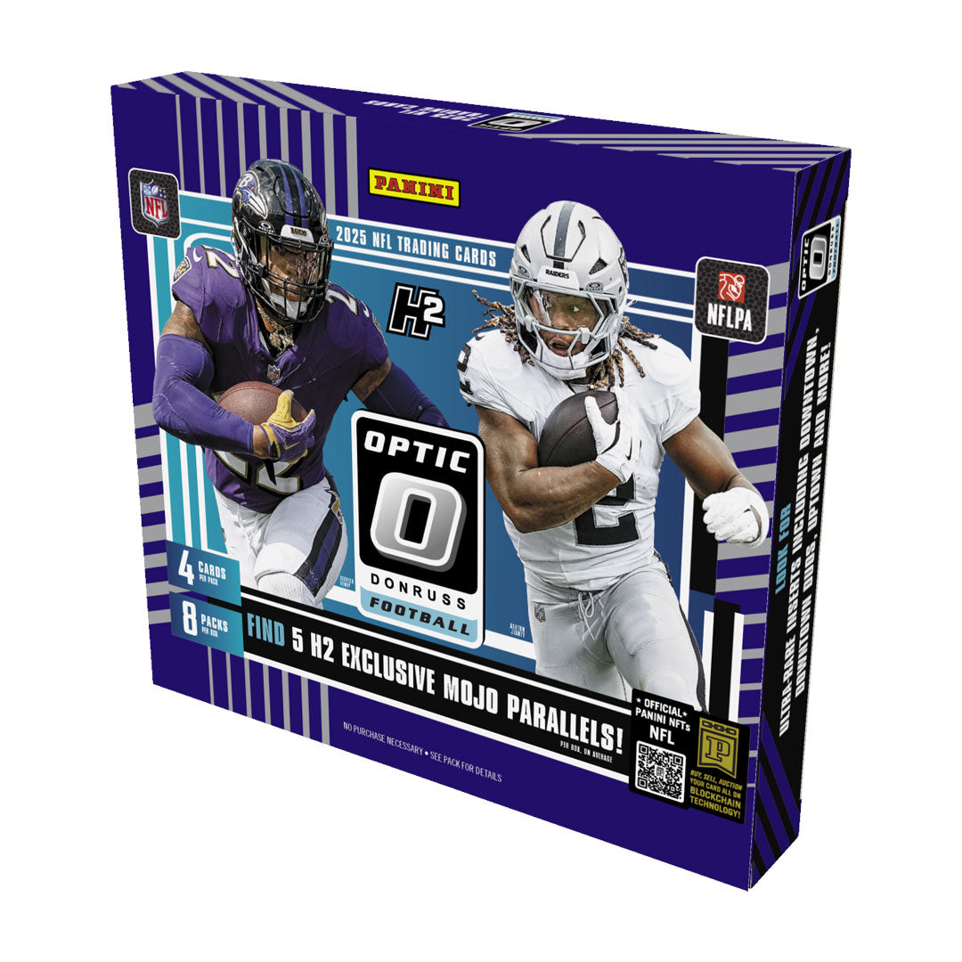 Unlock the thrill of collecting with the 2025 Panini Donruss Optic Football H2 Box. This premium release features stunning optic parallels and chase cards of today's biggest NFL stars. Each box delivers multiple hits with premium autographs and rare inserts that serious collectors crave. Whether you're building a collection or hunting for that one card, Donruss Optic combines cutting-edge design with authentic football memorabilia. Don't miss your chance to pull legendary cards and elevate your collection t