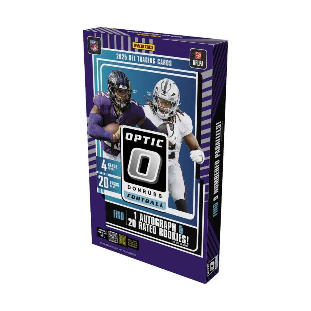 Unlock the thrill of collecting with the 2025 Panini Donruss Optic Football Hobby Box. Each box delivers premium packs loaded with stunning rookie cards, autographs, and rare parallels featuring the NFL's biggest stars. The iconic Optic design showcases eye-catching photography and cutting-edge card technology that serious collectors crave. Whether you're hunting for rookie sensations or building your favorite team's collection, this hobby box offers exceptional value and the potential for high-impact pulls