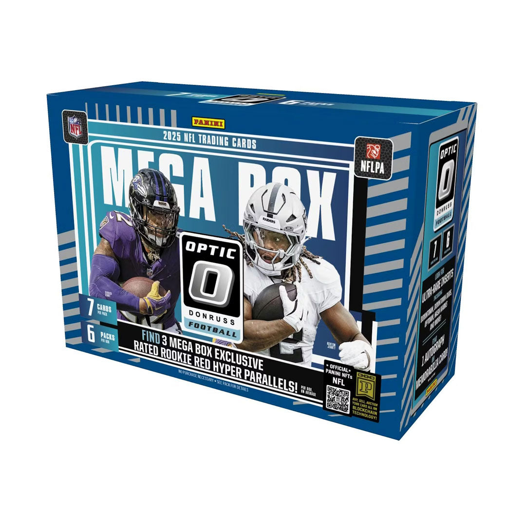 2025 Panini Donruss Optic Football Hobby Mega Box delivers premium trading card excitement with enhanced visual technology and exclusive content. Each box contains multiple packs loaded with stunning optic parallels, rookie cards, and autographed memorabilia from top NFL talent. The Donruss Optic brand is renowned for its eye-catching designs and chase cards that serious collectors crave. Whether you're building a collection or hunting for investment-grade cards, this mega box offers exceptional value and t