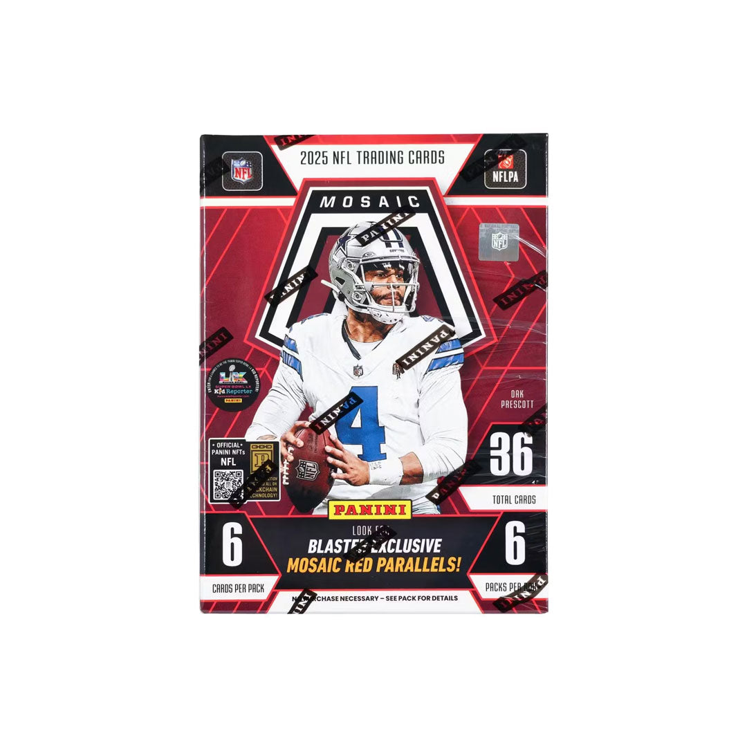 Unlock the excitement of 2025 Panini Mosaic Football with this premium Hobby Blaster Box. Each box delivers multiple packs packed with stunning mosaic-design cards featuring the season's top NFL talent. Hunt for rare parallels, rookie sensations, and potential autograph cards that could elevate your collection. The vibrant, multi-colored card designs make every pull visually striking. Perfect for collectors and fans seeking authentic trading cards with modern aesthetics and genuine chase value. Build your p