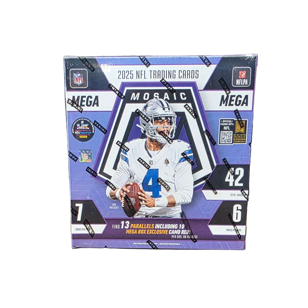 Elevate your football card collection with the 2025 Panini Mosaic Football Hobby Mega Box. This premium release delivers stunning mosaic-design cards featuring the league's biggest stars and rising talents. Each box contains multiple packs packed with rare inserts, parallels, and chase cards that serious collectors crave. The distinctive mosaic artwork sets these cards apart, making them visually striking additions to any collection. Whether you're hunting for rookie sensations or legendary veterans, this h