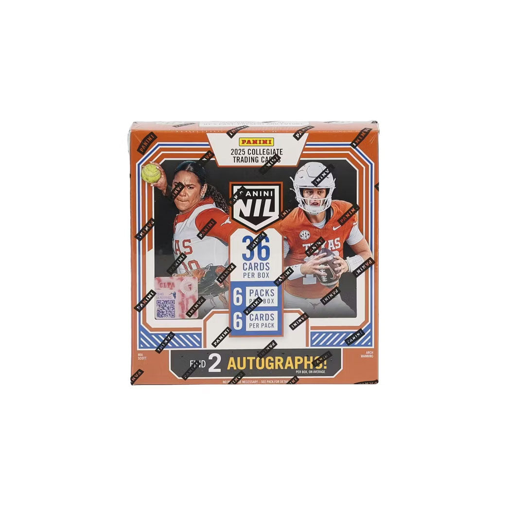 Collect authentic Name, Image, and Likeness cards of Texas Longhorns athletes with the 2025 Panini NIL Hobby Box. Each box delivers premium packs loaded with rookie cards, autographs, and exclusive memorabilia from your favorite Longhorns stars. Perfect for collectors seeking limited-edition content and investment-grade cards. Build your Texas pride collection with cards featuring dynamic on-field moments and rare parallel variations. Whether you're a serious collector or passionate fan, this hobby box offe