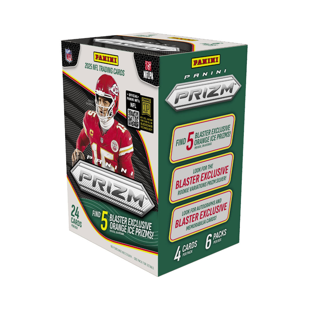 Unlock the thrill of premium football card collecting with the 2025 Panini Prizm Football Hobby Blaster Box. Each box delivers multiple packs packed with stunning prismatic cards featuring today's biggest NFL stars and rising rookies. Experience the signature Prizm technology that brings cards to life with vibrant colors and dynamic refractor effects. Perfect for collectors seeking quality pulls and investment-grade cards, this blaster box offers exceptional value and the chance to land rare parallels and a