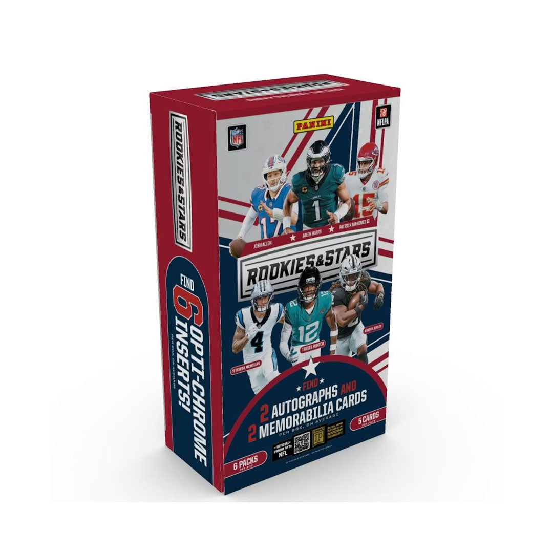 Unlock the future of football with the 2025 Panini Rookies &amp; Stars Hobby Box. This premium collection features the league's most exciting emerging talent and established stars, delivering authentic rookie cards and rare inserts in every box. Perfect for collectors seeking high-impact pulls and investment-grade cards, each pack promises the thrill of discovery. Build your collection with officially licensed trading cards that capture the essence of the 2025 season. Whether you're chasing rookie sensation