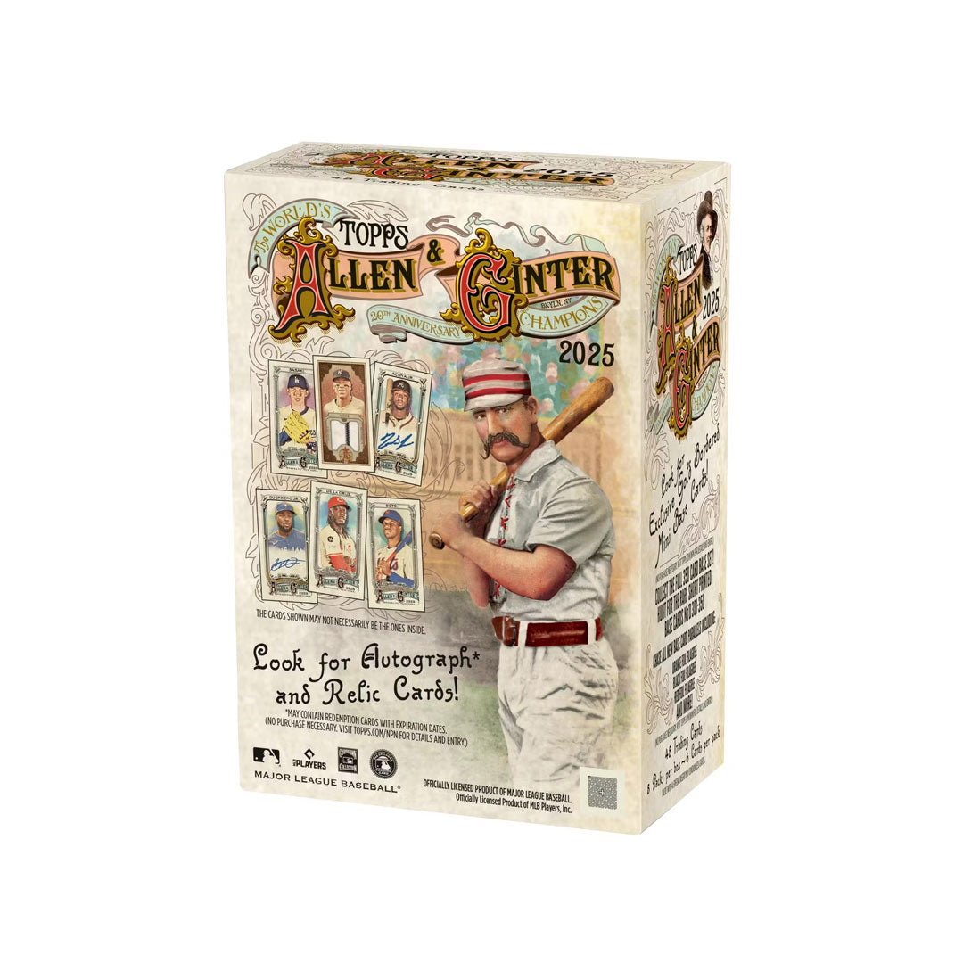 Dive into the 2025 Topps Allen &amp; Ginter Baseball Blaster Box and discover vintage-inspired card designs paired with modern baseball talent. This collector's favorite delivers multiple packs packed with base cards, inserts, and chase cards featuring today's biggest stars and rising prospects. The iconic Allen &amp; Ginter aesthetic brings classic charm to contemporary collecting, making each pack an exciting unboxing experience. Perfect for seasoned collectors and newcomers alike, this blaster box offers