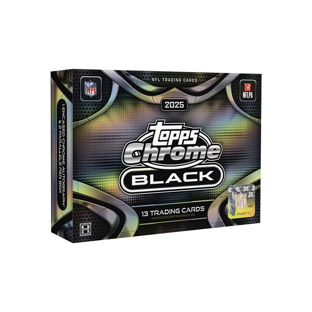 Elevate your football card collecting with the 2025 Topps Chrome Black Football Hobby Box. This premium release features stunning chrome technology and exclusive black parallels that showcase your favorite NFL stars in striking detail. Each box delivers multiple hits and rare autographs, making it perfect for serious collectors and investors alike. Build your ultimate football card collection with one of the year's most sought-after products.