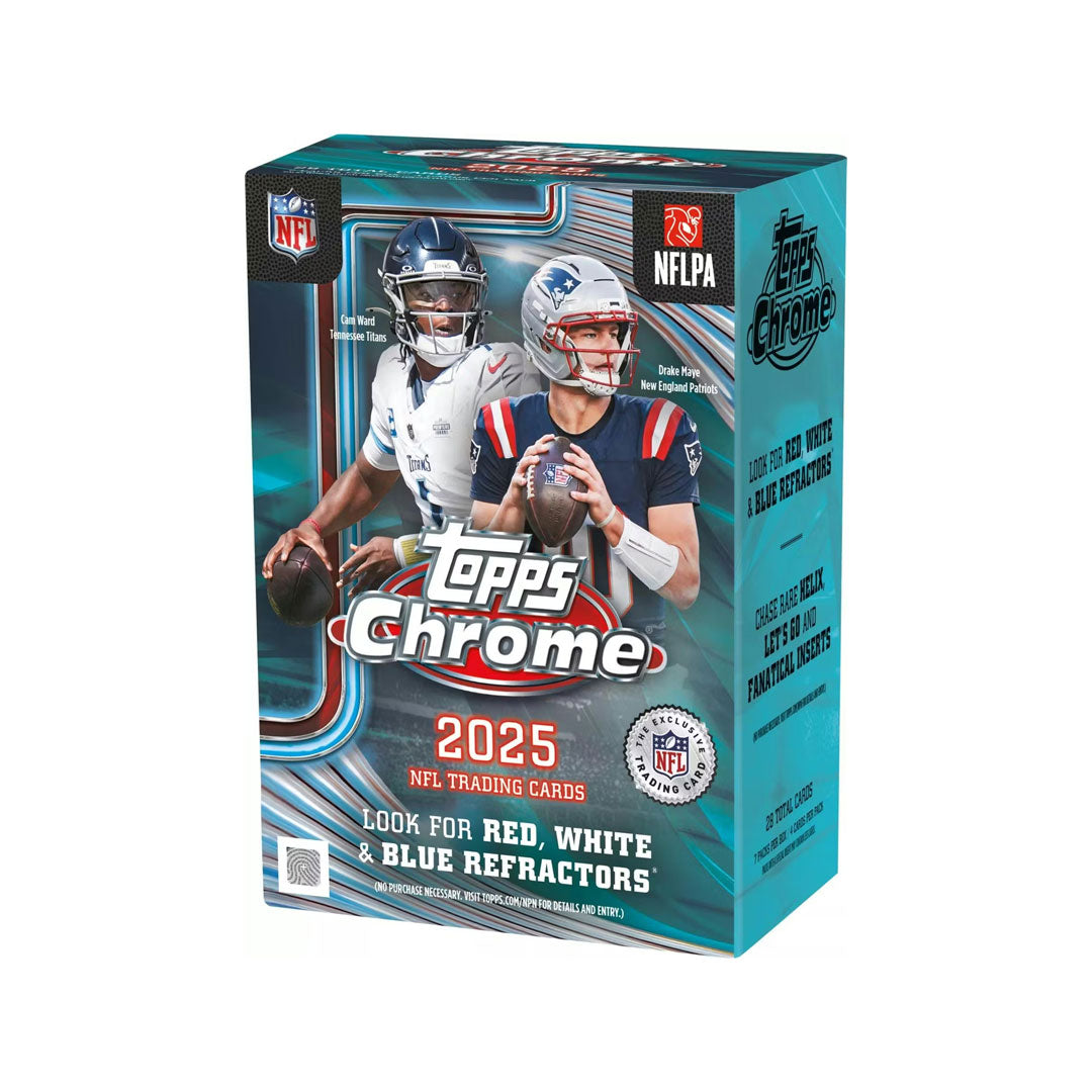 Rip into the 2025 Topps Chrome Football Blaster Box and chase premium rookie cards and autographs from the latest NFL season. Each blaster delivers multiple packs of Chrome cards featuring stunning refractor technology, rare parallels, and collectible inserts. Perfect for fans and collectors looking to build their collection or hunt for valuable hits. Limited inventory available—secure yours today.