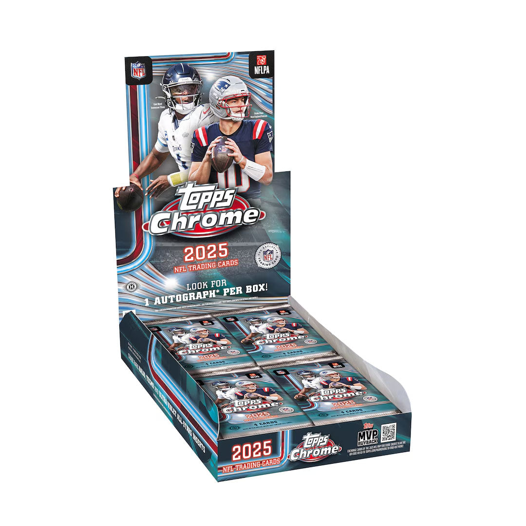 Pull premium rookie cards and autographs from the 2025 Topps Chrome Football Hobby Box. Each box delivers 24 packs of chrome refractors, parallels, and exclusive inserts featuring the year's top NFL prospects and established stars. Perfect for collectors seeking high-end pulls with stunning visual appeal and investment potential.