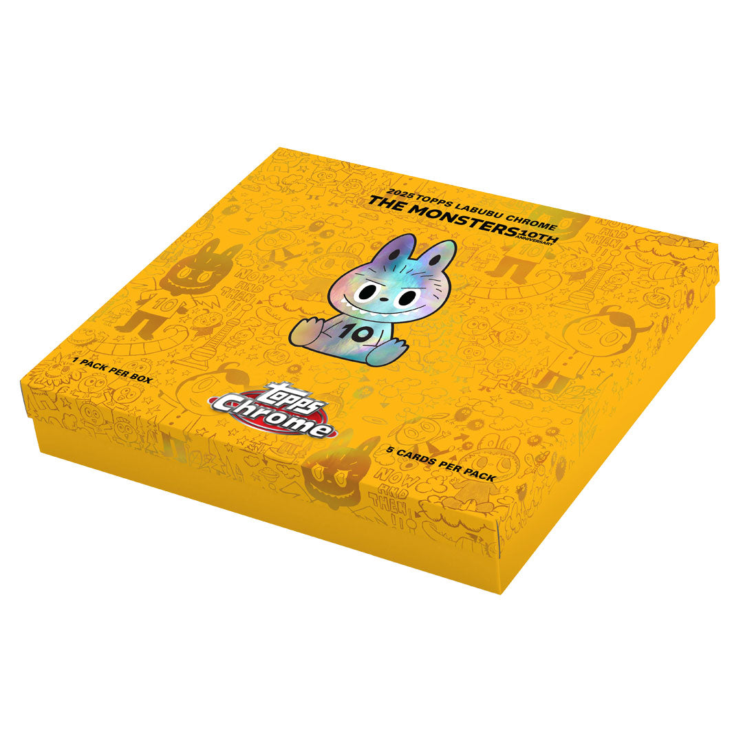 Celebrate a decade of Pop Mart's iconic Labubi character with this exclusive 2025 Topps Chrome 10th Anniversary Hobby Box. This premium collectible release features stunning chrome technology and limited-edition cards honoring Labubi's milestone anniversary. Perfect for serious collectors and Pop Mart enthusiasts, each box delivers rare pulls and beautifully designed cards that capture the essence of this beloved character. Secure your piece of collectible history and elevate your collection with this must-