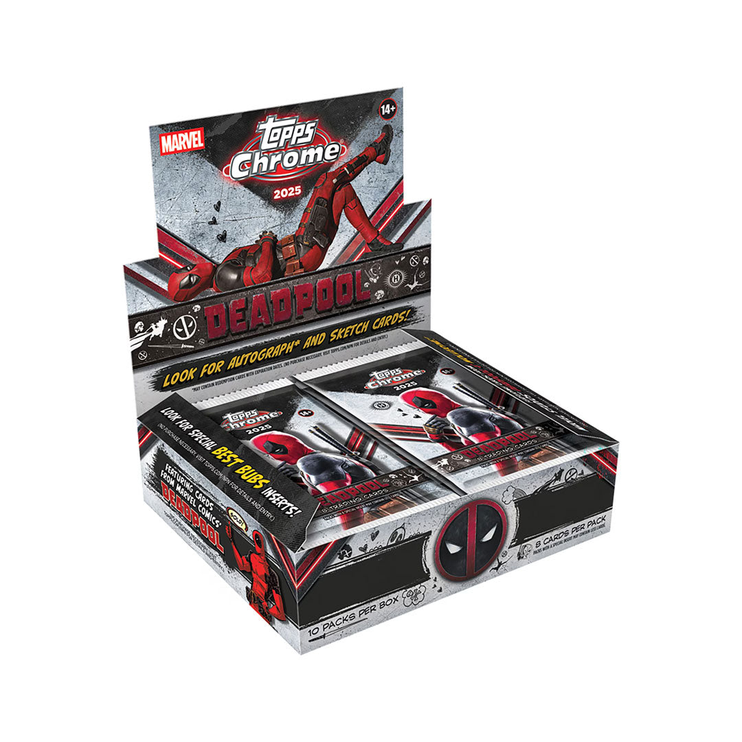 Collect the most sought-after Marvel trading cards with the 2025 Topps Chrome Marvel Deadpool Hobby Box. This premium box delivers high-quality chrome cards featuring Deadpool and the Marvel Universe, with potential for rare autographs, parallels, and exclusive inserts. Perfect for serious collectors and fans looking to build their Marvel collection with modern chrome technology and stunning visual designs. Each box contains multiple packs of premium cards designed for the dedicated collector.