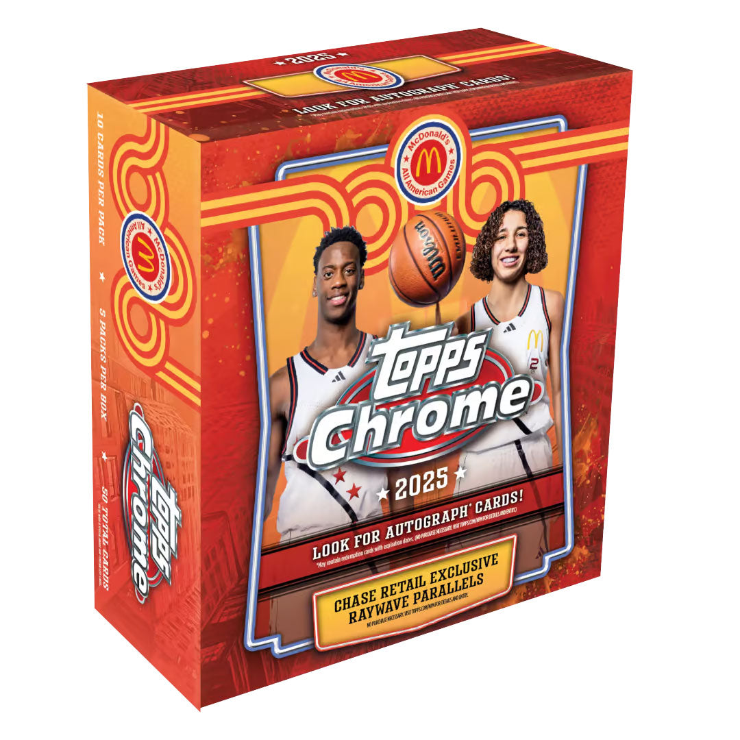 Collect premium basketball cards with the 2025 Topps Chrome McDonald's All American Mega Box. This exclusive release features the nation's top high school basketball prospects on chrome technology cards. Each mega box delivers multiple packs packed with autographs, parallels, and rare inserts of the most coveted young talent. Perfect for collectors seeking authentic rookie cards and investment-grade pulls from the next generation of basketball stars.