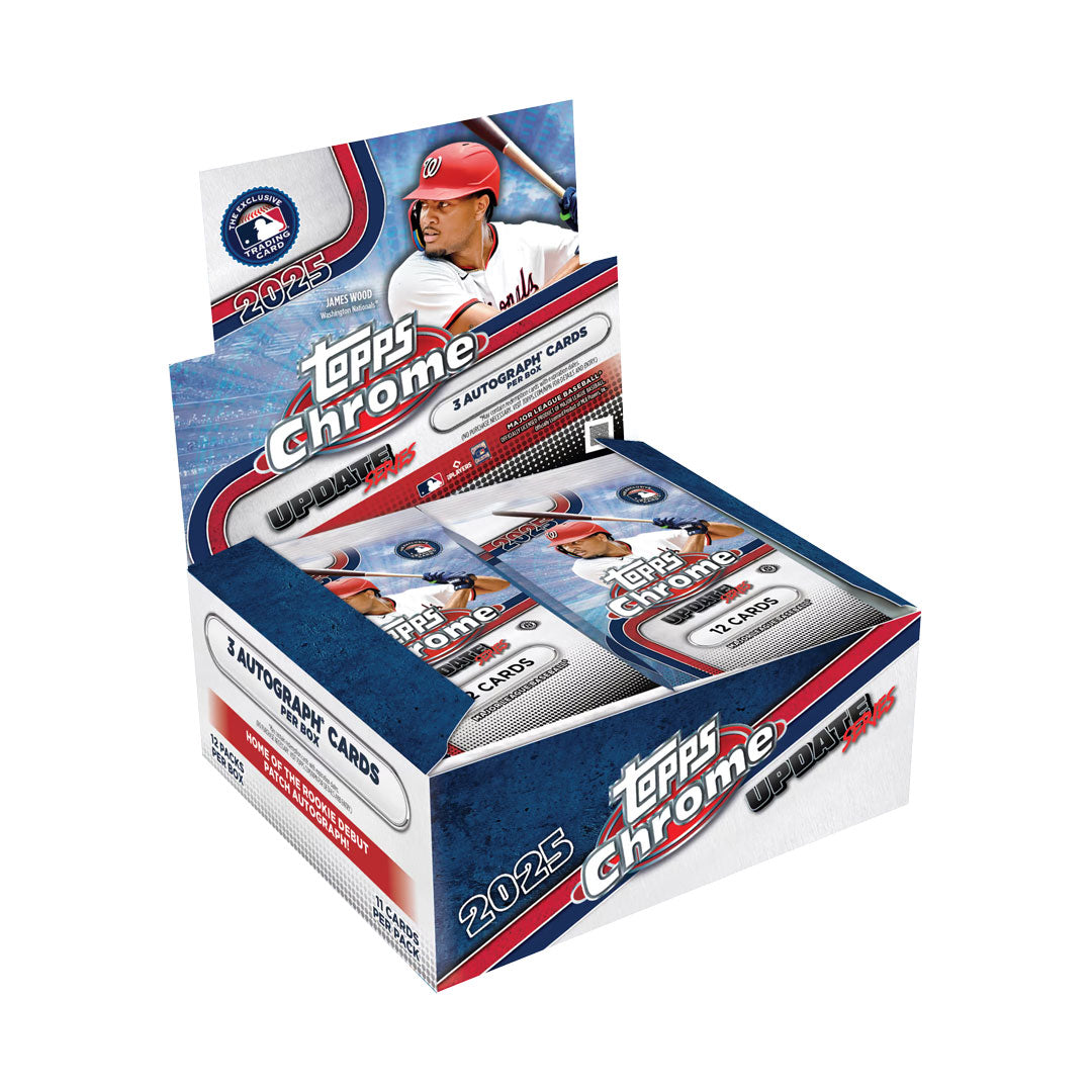 Elevate your baseball card collection with the 2025 Topps Chrome Update Baseball Jumbo Box. This premium release features the season's most sought-after rookies and star players with stunning chrome technology that brings cards to life. Each jumbo box delivers an exceptional pull rate, giving you multiple opportunities to land rare parallels and autographed gems. Perfect for serious collectors and investors alike, this is your chance to secure the hottest cards from the 2025 season before they're gone. Don'