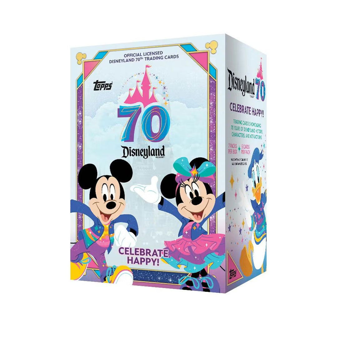 Celebrate seven decades of magic with the 2025 Topps Disneyland 70th Anniversary Blaster Box. This special release features exclusive cards commemorating the iconic theme park's historic milestone. Each box contains multiple packs packed with collectible cards showcasing beloved Disney characters, attractions, and memorable moments from Disneyland's legendary history. Perfect for Disney fans and card collectors alike, this limited-edition blaster box is a must-have for anyone looking to own a piece of this 