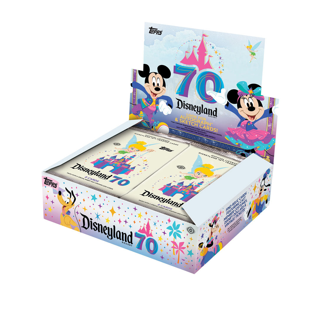 Celebrate seven decades of magic with the 2025 Topps Disneyland 70th Anniversary Hobby Box. This premium collection features exclusive cards commemorating the iconic theme park's historic milestone, showcasing beloved characters, attractions, and unforgettable moments from Disneyland's legendary history. Each hobby box delivers multiple packs packed with rare inserts, autographs, and limited-edition parallels. Perfect for Disney enthusiasts and serious collectors alike, this special release captures the won