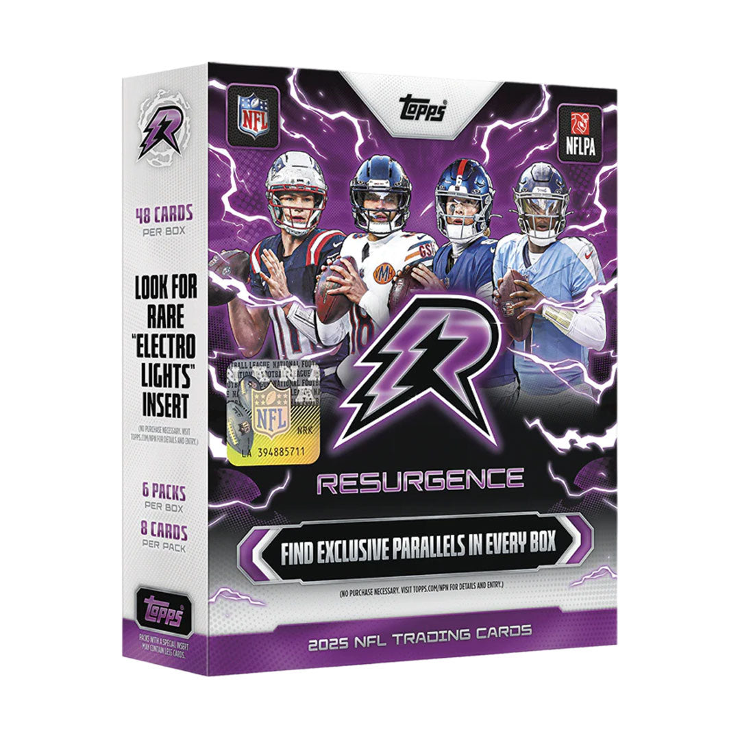 Unleash the excitement of 2025 Topps Resurgence Football with this premium Mega Box. Packed with multiple packs of the latest football cards, you'll have the chance to pull rare rookies, autographs, and exclusive inserts. Perfect for collectors and fans looking to build their collections or chase the hottest new talent in football. Each box