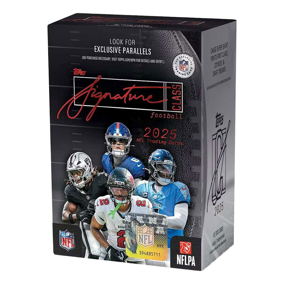 Collect premium autographed cards from the 2025 NFL season with this Topps Signature Class Football Blaster Box. Each box delivers multiple packs packed with on-card signatures from star players, rare parallels, and exclusive inserts. Perfect for serious collectors and fans looking to build their autograph collection. Limited availability makes this a must-have for football card enthusiasts.