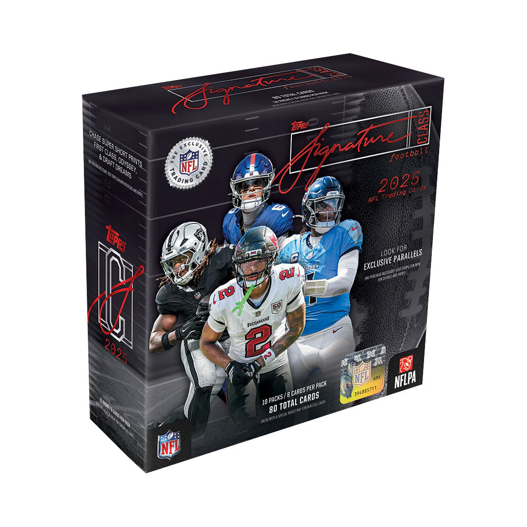 Elevate your football card collection with the 2025 Topps Signature Class Football Mega Box. This premium product delivers multiple packs packed with high-end cards featuring the sport's biggest stars and rookies. Each box offers the chance to pull autographed cards, rare parallels, and exclusive inserts that serious collectors crave. Perfect for building a standout collection or finding that signature card to complete your set. Experience the thrill of premium football card collecting today.