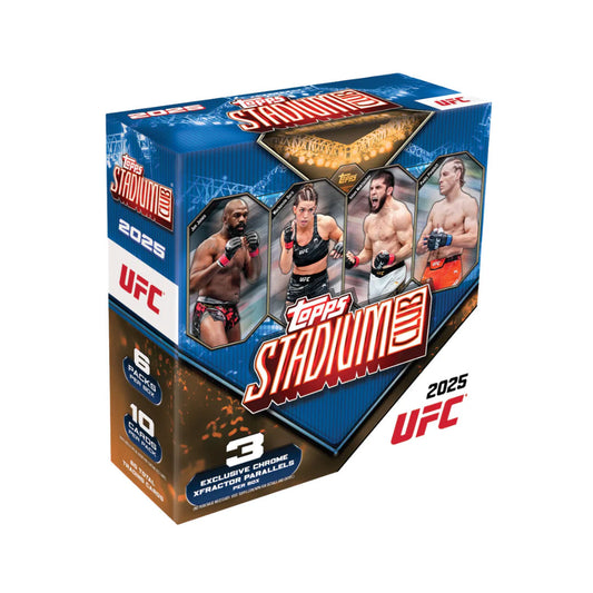 Dive into the ultimate UFC collecting experience with the 2025 Topps Stadium Club UFC Mega Box. This premium release delivers an impressive collection of high-quality cards featuring the sport's biggest fighters and most electrifying moments. Each box contains multiple packs packed with rare inserts, autographs, and memorabilia cards that serious collectors crave. Stadium Club's signature photography and design elevate every pull, making this the perfect choice for UFC fans looking to build their collection