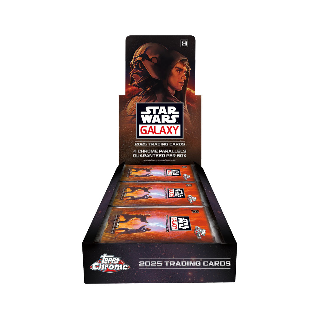 Collect the galaxy's most iconic moments with the 2025 Topps Star Wars Chrome Galaxy Hobby Box. This premium trading card set features stunning chrome technology that brings your favorite characters and scenes to life with brilliant shine and clarity. Each box delivers multiple packs packed with rare inserts, autographs, and limited-edition parallels that serious collectors crave. Whether you're hunting for chase cards or building your ultimate Star Wars collection, this hobby box offers the premium pull po