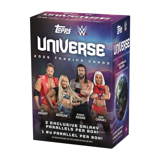 Dive into the action-packed world of WWE with the 2025 Topps Universe WWE Blaster Box. This premium trading card collection features stunning artwork and exclusive cards showcasing your favorite WWE superstars. Each box delivers multiple packs packed with rare inserts, autographs, and memorabilia cards. Perfect for collectors and fans alike, build your ultimate WWE card collection with cards that capture the intensity and drama of professional wrestling. A must-have for any serious card enthusiast.
