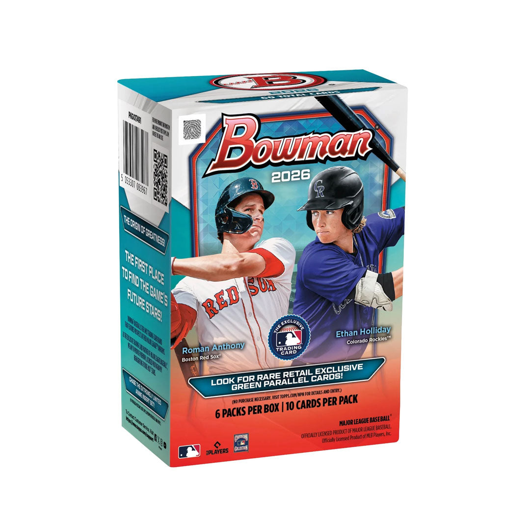 Rip into the future of baseball with the 2026 Bowman Baseball Blaster Box. This premium trading card box delivers multiple packs of the year's most anticipated rookie cards and prospect autographs. Each blaster contains a carefully curated selection designed to give collectors the best chance at landing chase cards and exclusive inserts. Perfect for both seasoned collectors and newcomers looking to build their collections with top-tier prospects and emerging talent. Get your hands on the cards that define t