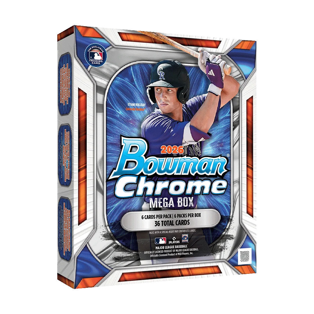 Unlock the future of baseball card collecting with the 2026 Bowman Chrome Baseball Mega Box. This premium box delivers multiple packs of sought-after Bowman Chrome cards, featuring rookie cards, autographs, and rare parallels of tomorrow's baseball stars. Perfect for serious collectors and investors looking to build their collections with high-end trading card products.