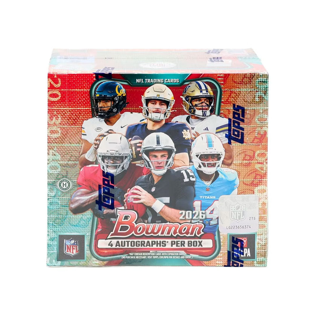 Unleash the excitement of the 2026 Bowman Football season with this premium Jumbo Hobby Box. Packed with oversized packs featuring the latest rookie cards, autographs, and rare memorabilia, this box delivers maximum value for serious collectors. Each Jumbo box includes multiple hits and chase cards from top NFL prospects and established stars. Perfect for building your collection or finding that one card you've been chasing. Experience the thrill of premium pull potential with Bowman's signature quality and