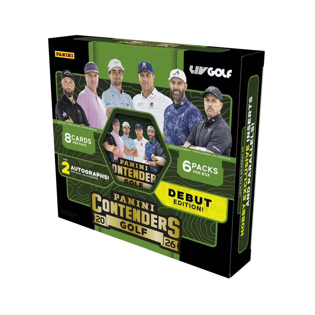 Premium trading card hobby box featuring 2026 Panini Contenders LIV Golf cards. Each box contains multiple packs with autographs, memorabilia, and exclusive inserts from top professional golfers. Perfect for collectors and LIV Golf enthusiasts looking to build their collection with authentic, limited-edition cards. Box contents vary by product configuration.