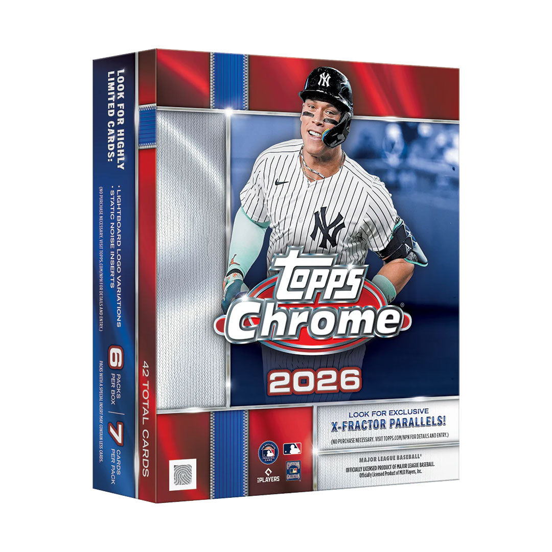 Collect the hottest rookie cards and chase rare parallels with the 2026 Topps Chrome Baseball Mega Box. This premium box delivers multiple packs of chrome technology cards featuring vibrant designs and sharp imagery. Perfect for collectors seeking high-end pulls and building their collections with modern baseball's biggest stars. Each box includes bonus content and the chance to land autographs, relics, and limited-edition variations that serious collectors crave.