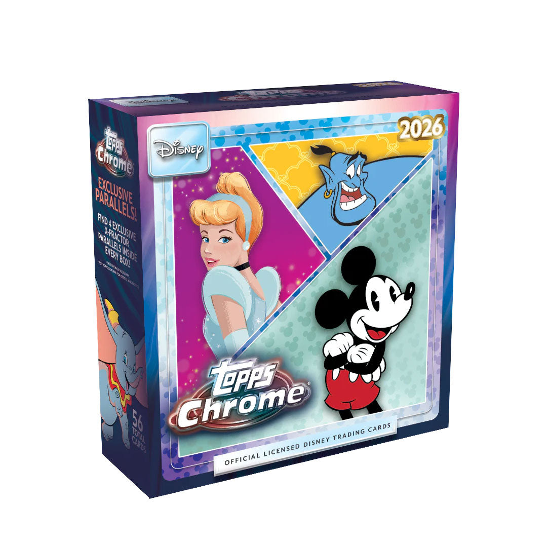 Collect premium Disney trading cards with the 2026 Topps Chrome Disney Mega Box. This exclusive release features stunning chrome technology and vibrant character artwork from your favorite Disney franchises. Each mega box includes multiple packs packed with rare inserts, parallels, and collectible cards. Perfect for Disney fans and serious collectors alike, this limited edition product delivers premium quality and exciting pull potential. Expand your collection with one of the year's most anticipated tradin