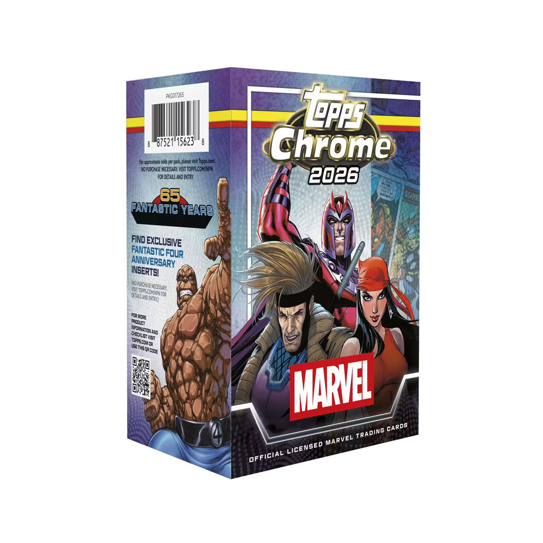 Collect premium Marvel Comics trading cards with the 2026 Topps Chrome Marvel Comics Blaster Box. This sealed box delivers multiple packs of chromium-enhanced cards featuring iconic Marvel characters and artwork. Perfect for collectors and fans seeking rare pulls and vibrant card designs. Each blaster box contains a curated selection of base cards and special inserts. Build your Marvel collection with authentic Topps Chrome quality and chase those hard-to-find chase cards.