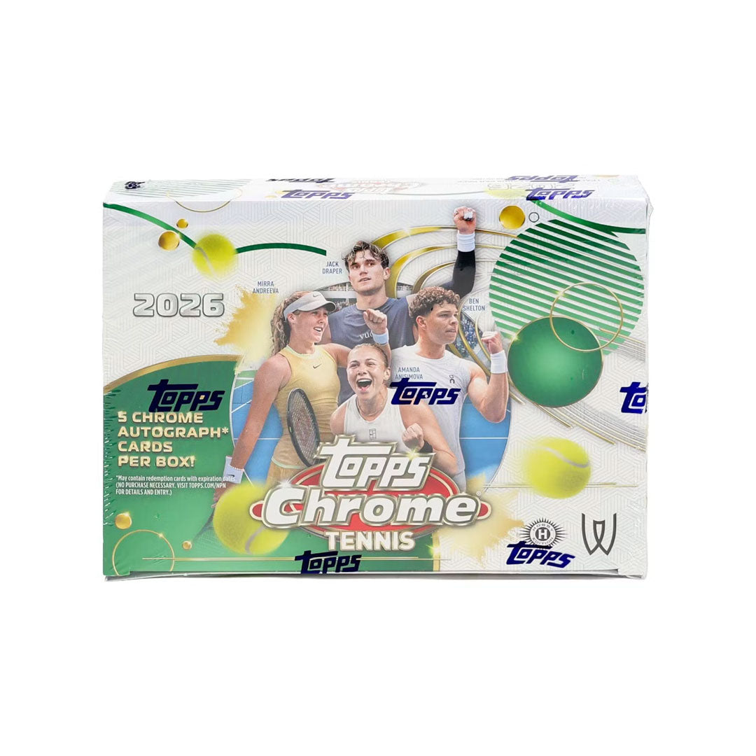 Experience the thrill of premium tennis trading cards with the 2026 Topps Chrome Tennis Delight Box. This exclusive collection features stunning chrome-finish cards showcasing the sport's top players and rising stars. Each box delivers premium pulls and rare inserts designed for serious collectors and enthusiasts. Perfect for building your ultimate tennis card collection or adding high-value cards to your portfolio. Get ready for chrome brilliance and collecting excitement.