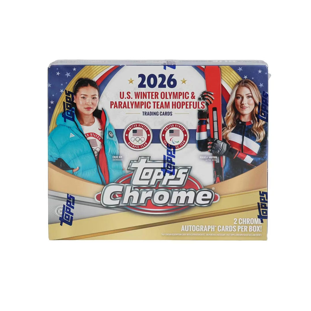 Collect the most coveted cards from Team USA's Olympic athletes with the 2026 Topps Chrome U.S. Olympics Hobby Box. This premium release features stunning chrome technology that brings vibrant colors and sharp imagery to life. Each box delivers multiple packs packed with rookie cards, autographs, and rare parallels of America's finest competitors. Perfect for serious collectors and Olympic enthusiasts alike, this hobby box offers the thrill of chasing exclusive memorabilia from the world's greatest sporting