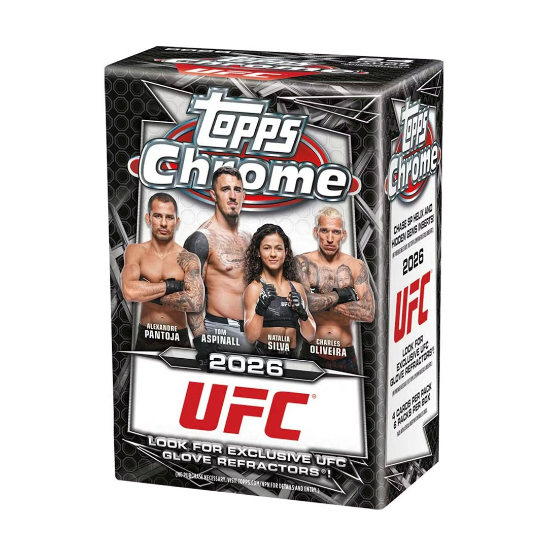 Collect the hottest UFC fighters with 2026 Topps Chrome UFC Blaster Box. This premium trading card box features chrome refractors, autographs, and rare inserts of your favorite mixed martial arts superstars. Each blaster contains multiple packs packed with collectible cards showcasing the sport's biggest names and moments. Perfect for UFC fans and serious card collectors looking to build their collection with modern chrome technology and exclusive designs.