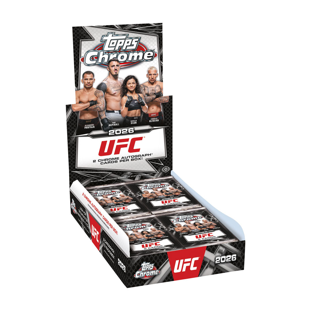 Collect the hottest UFC fighters with 2026 Topps Chrome UFC Hobby Box. Each box delivers premium chrome cards featuring stunning designs and rare autographs and memorabilia cards. Perfect for serious collectors and UFC fans looking to build their collection with high-end trading cards. Limited production ensures scarcity and collectibility. Sealed and ready to open.