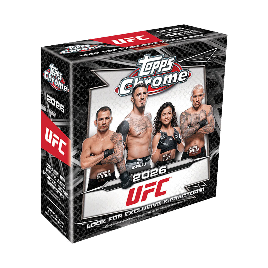 Collect the hottest UFC fighters with the 2026 Topps Chrome UFC Mega Box. This premium trading card product features stunning chrome technology and exclusive autograph and memorabilia cards. Each box delivers multiple packs packed with rare inserts, rookie cards, and limited-edition parallels. Perfect for serious collectors and UFC fans looking to build their ultimate fighter collection. Elevate your hobby with Topps Chrome's premium quality and chase those coveted chase cards.
