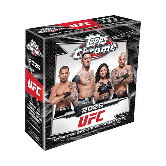 Collect the hottest UFC fighters with the 2026 Topps Chrome UFC Mega Box. This premium trading card product features stunning chrome technology and exclusive autograph and memorabilia cards. Each box delivers multiple packs packed with rare inserts, rookie cards, and limited-edition parallels. Perfect for serious collectors and UFC fans looking to build their ultimate fighter collection. Elevate your hobby with Topps Chrome's premium quality and chase those coveted chase cards.