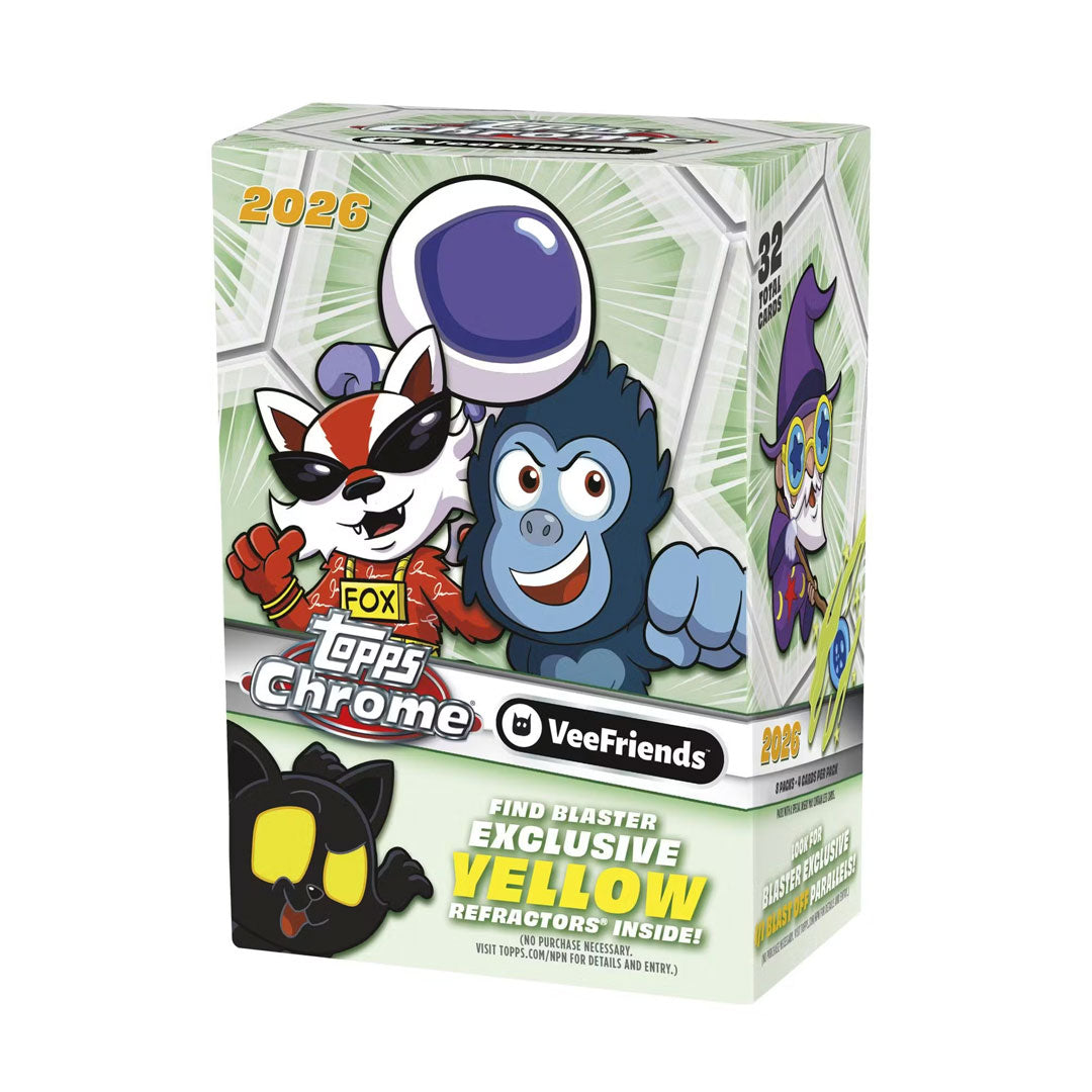 Collect the hottest VeeFriends cards with the 2026 Topps Chrome Blaster Box. This premium box delivers multiple packs of chrome technology cards featuring vibrant designs and rare pulls. Perfect for collectors and fans looking to build their VeeFriends collection with modern card stock and eye-catching finishes. Each box contains several packs with the potential for chase cards and special inserts. A must-have for trading card enthusiasts.