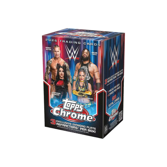 Collect the biggest WWE Superstars with 2026 Topps Chrome WWE Blaster Box. This premium trading card set features stunning chrome refractor technology that brings your favorite wrestlers to life with vibrant colors and eye-catching shine. Each blaster box includes multiple packs packed with base cards, inserts, and chase cards of legendary and current WWE talent. Perfect for collectors and fans looking to build their wrestling card collection with modern design and quality production. Ideal for display or t