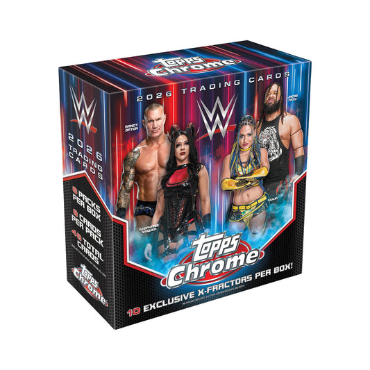 Collect the biggest WWE Superstars with the 2026 Topps Chrome WWE Mega Box. This premium trading card set features stunning chrome refractor technology that brings your favorite wrestlers to life with vibrant colors and eye-catching shine. Each Mega Box includes multiple packs loaded with base cards, inserts, and rare parallels. Perfect for collectors and fans looking to build their WWE card collection with high-quality, modern cardstock and design. Chase autographs, memorabilia cards, and limited-edition v