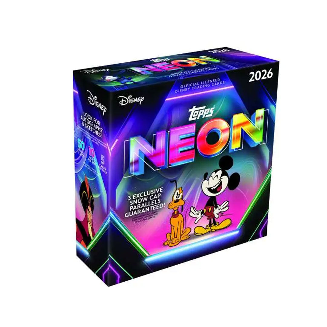 Collect the magic with the 2026 Topps Disney Neon Mega Box. This premium trading card collection features vibrant neon-themed designs celebrating iconic Disney characters and moments. Each mega box includes multiple packs packed with rare cards, special inserts, and collectible treasures. Perfect for Disney fans and serious card collectors alike, this limited release combines the nostalgia of classic Disney with modern card collecting excitement. Build your collection and chase exclusive hits today.