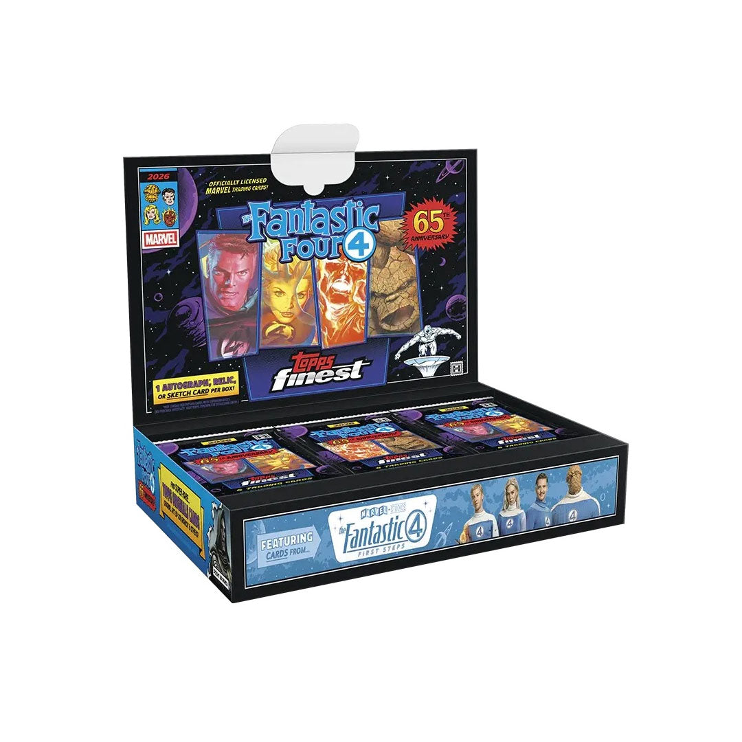 Collect the iconic Fantastic Four with the 2026 Topps Finest Fantastic Four Hobby Box. This premium trading card release features stunning artwork and rare inserts celebrating Marvel's legendary superhero team. Each box delivers multiple packs packed with chase cards, autographs, and limited-edition parallels. Perfect for collectors and fans seeking high-end cards of Spider-Man's greatest allies. Build your collection with cards showcasing classic moments and character highlights from the Fantastic Four uni